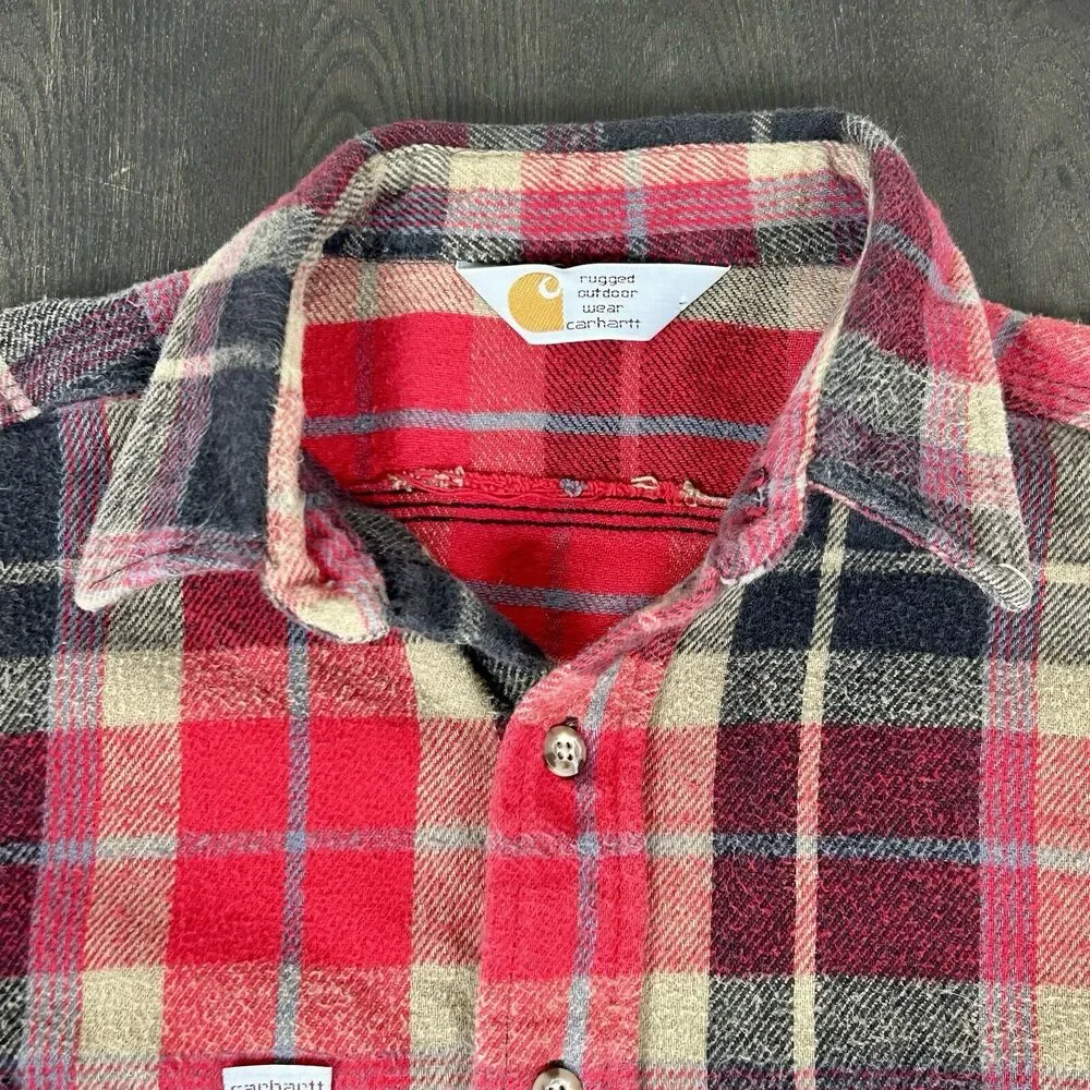 Vtg Carhart Small Red Black Plaid Button-Up Flannel Work Chore GUC - Picture 6 of 9